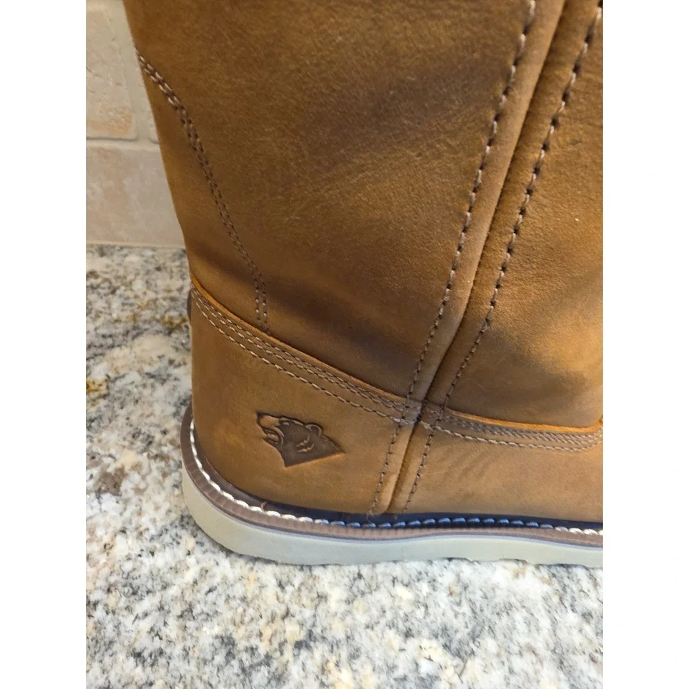 Mens Light Brown Work Boots Leather Oil Resistant Pull On Wedge Steel Toe Sz 8.5